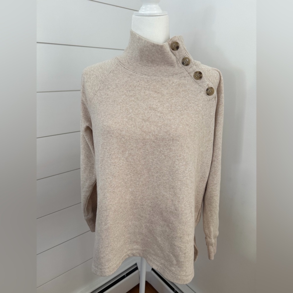 J.Crew Oatmeal Mock Neck Pull-Over Sweatshirt with side buttons. Size Med.